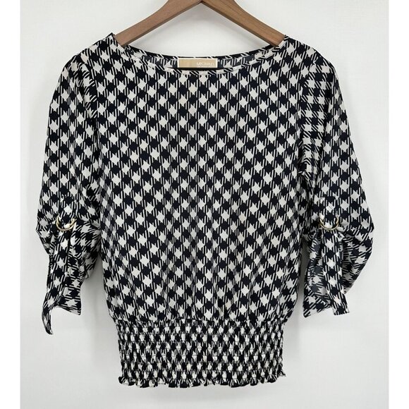 Michael Kors Blouse Women XS Black White Printed Smocked Waist adjustable Sleeve - Picture 1 of 8